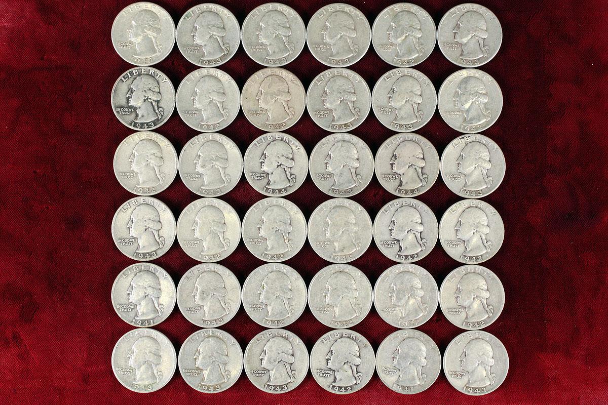 36 Washington Silver Quarters; various dates/mints