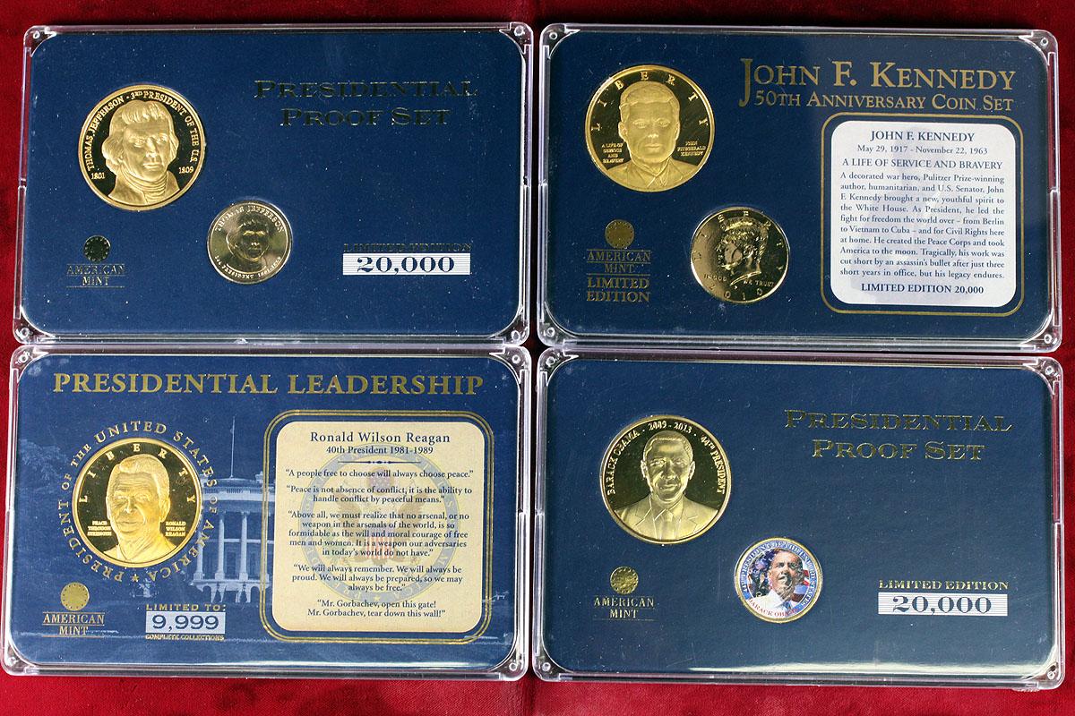 4 American Mint Presidential Gold Plated Coin Sets