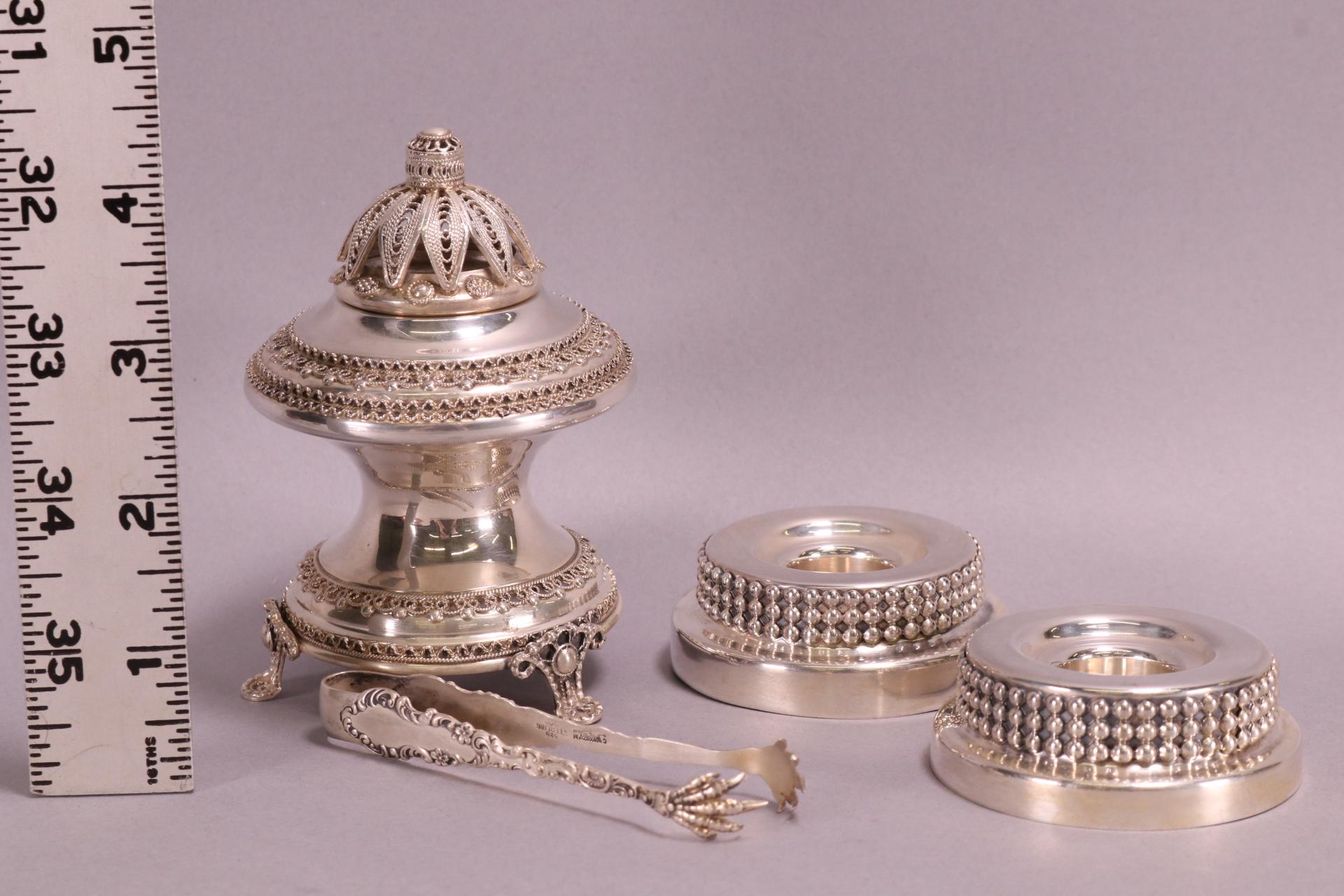 Sterling Silver Candle Holders, Incense Burner & Tongs, 208 Grams