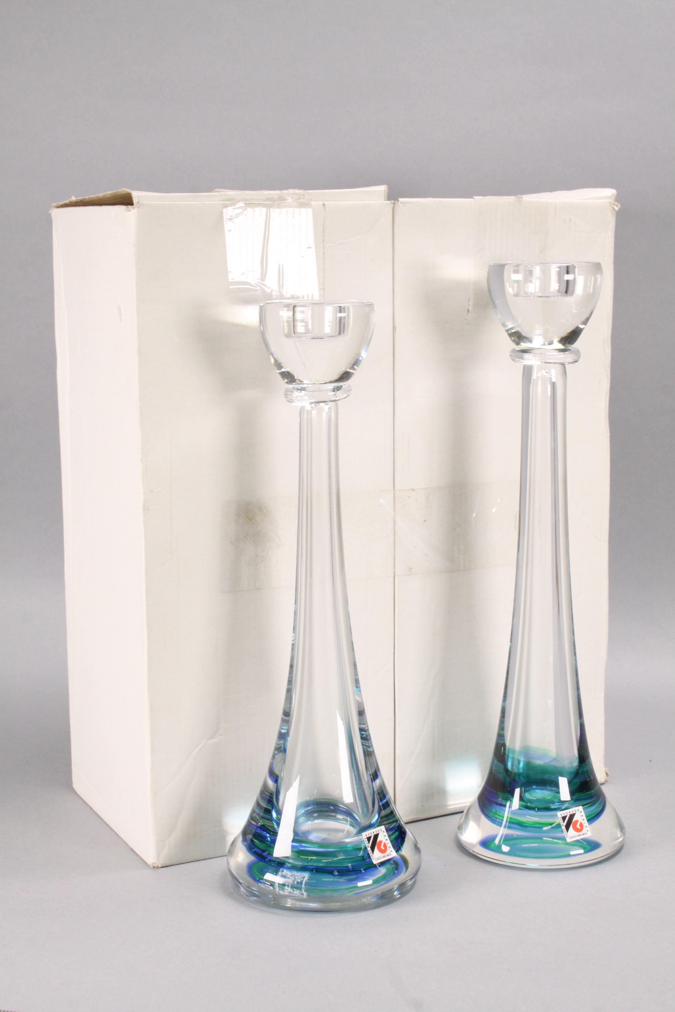 Art Glass Green/Blue/Clear Candlesticks, Czech Republic