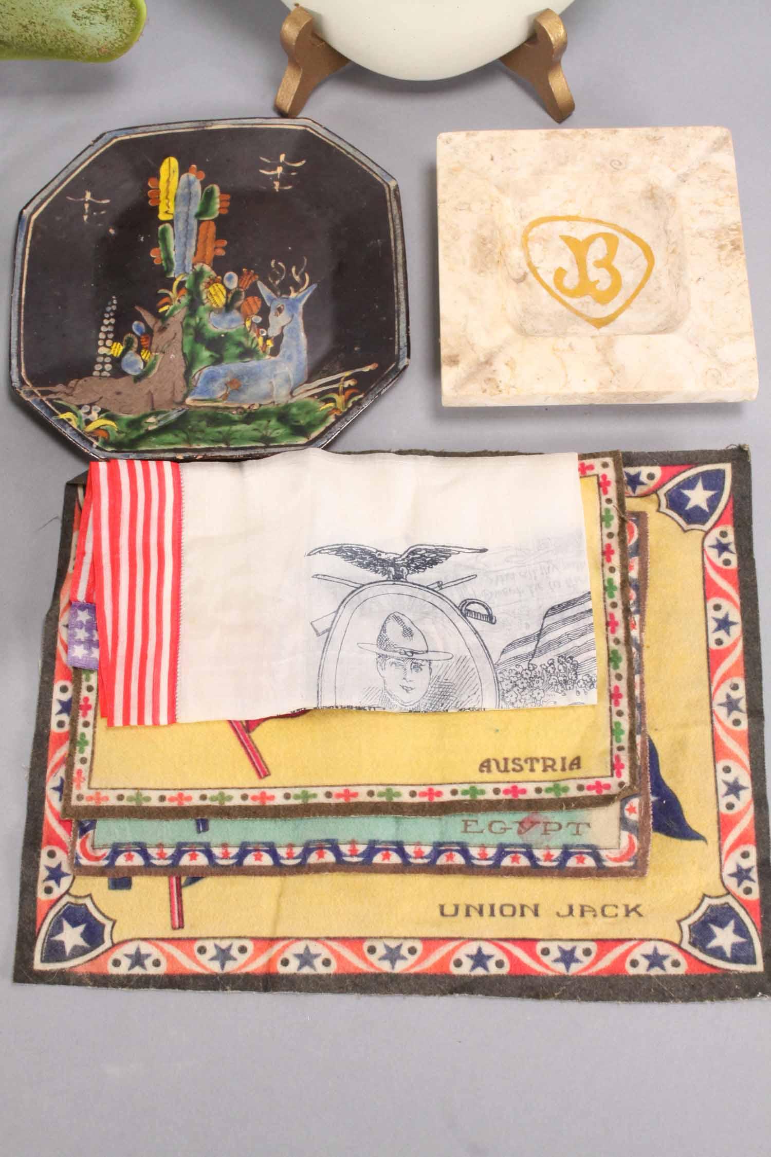 Assorted Ashtrays, Cigar Felts - Silks & WWI Hanky