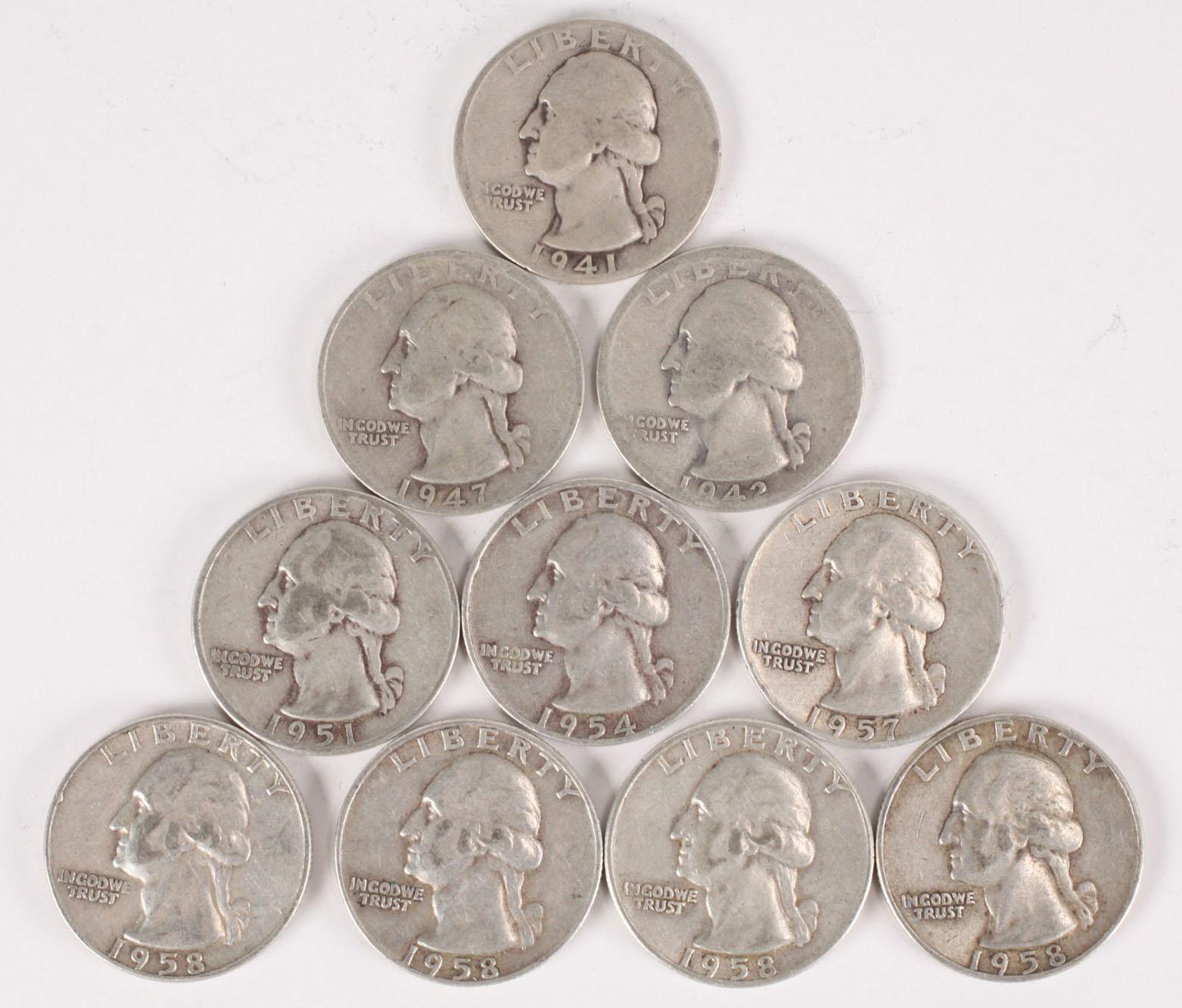 10 Washington Silver Quarters, various dates/mints