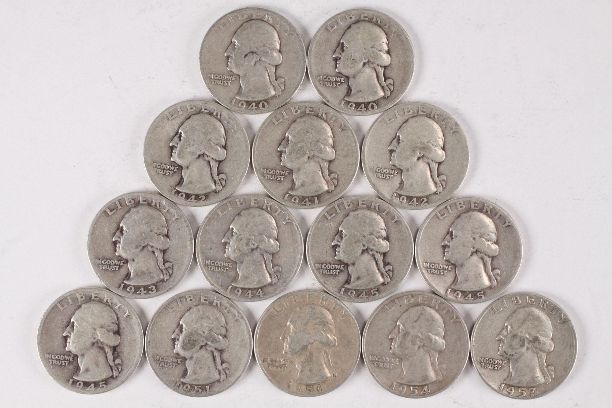 14 Washington Silver Quarters, various dates/mints