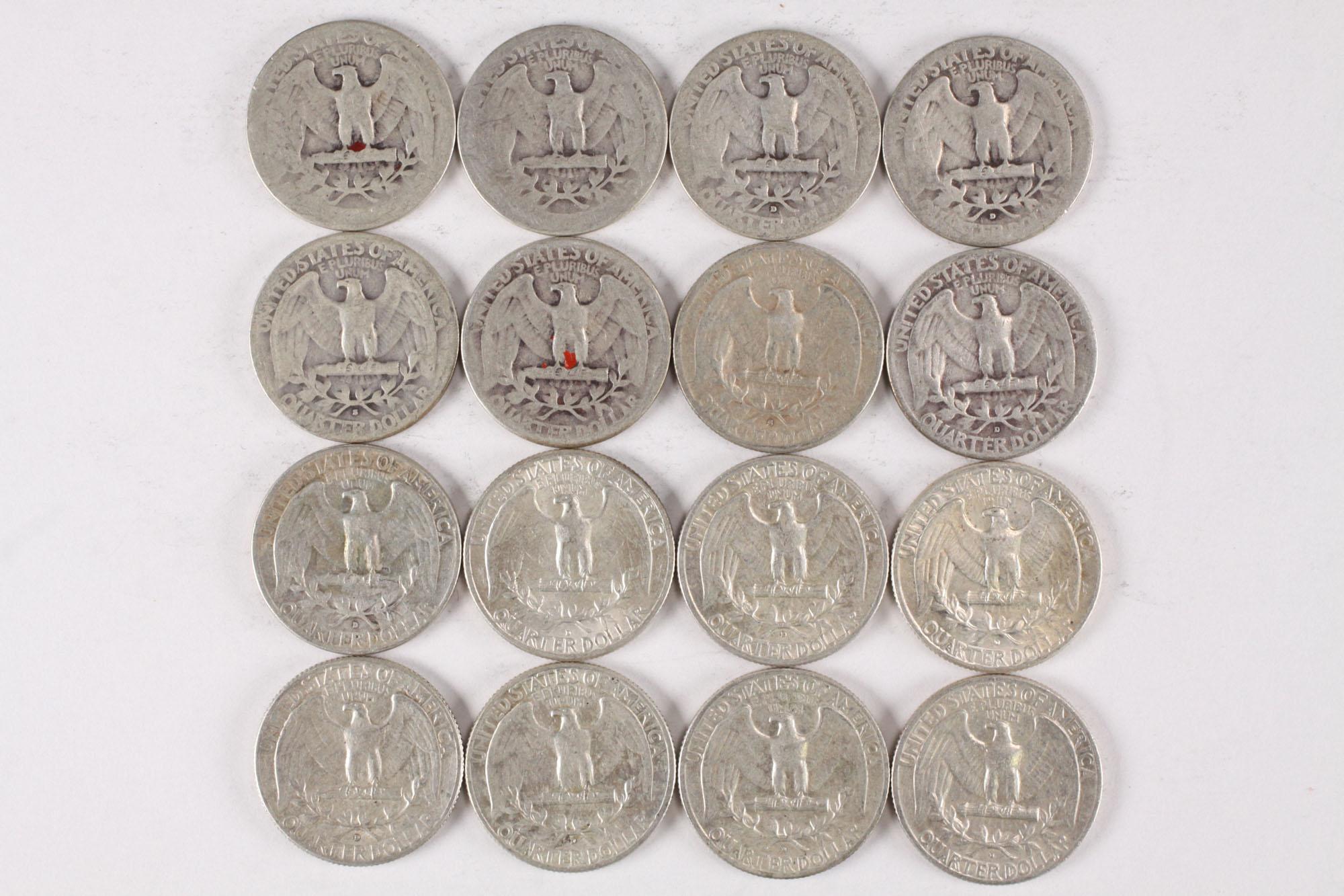 16 Washington Silver Quarters, various dates/mints