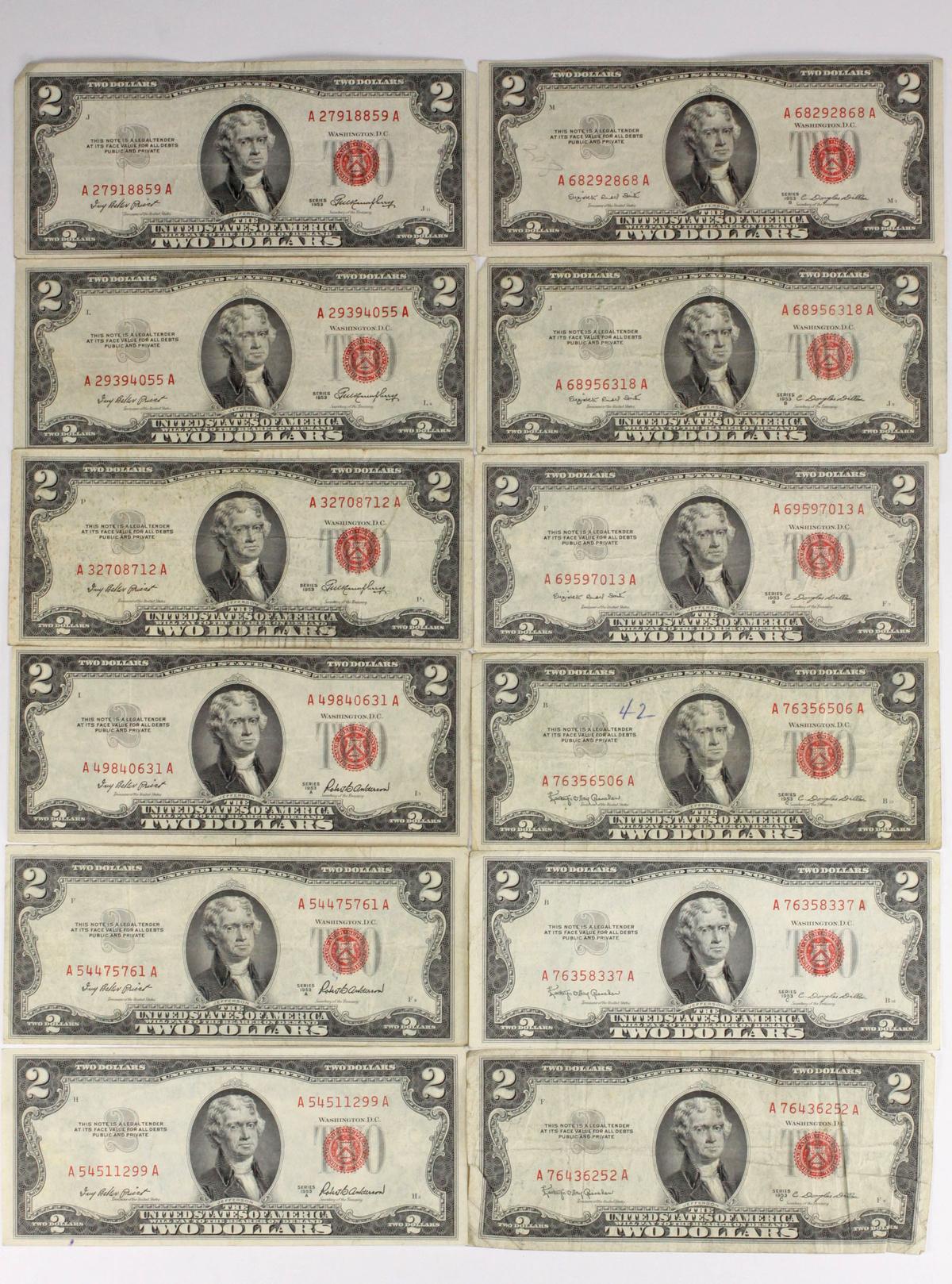12 - 1953 $2 Red Seal Notes; 3-1953, 3-1953A, 3-1953B, 3-1953C