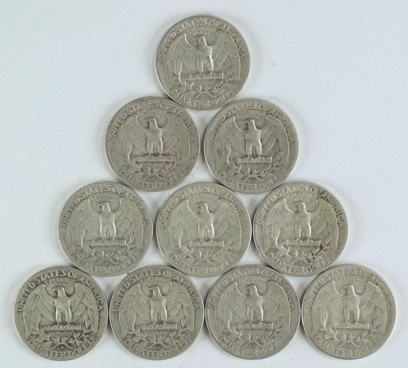 10 Washington Silver Quarters, various dates/mints