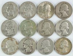 12 Washington Silver Quarters, various dates/mints