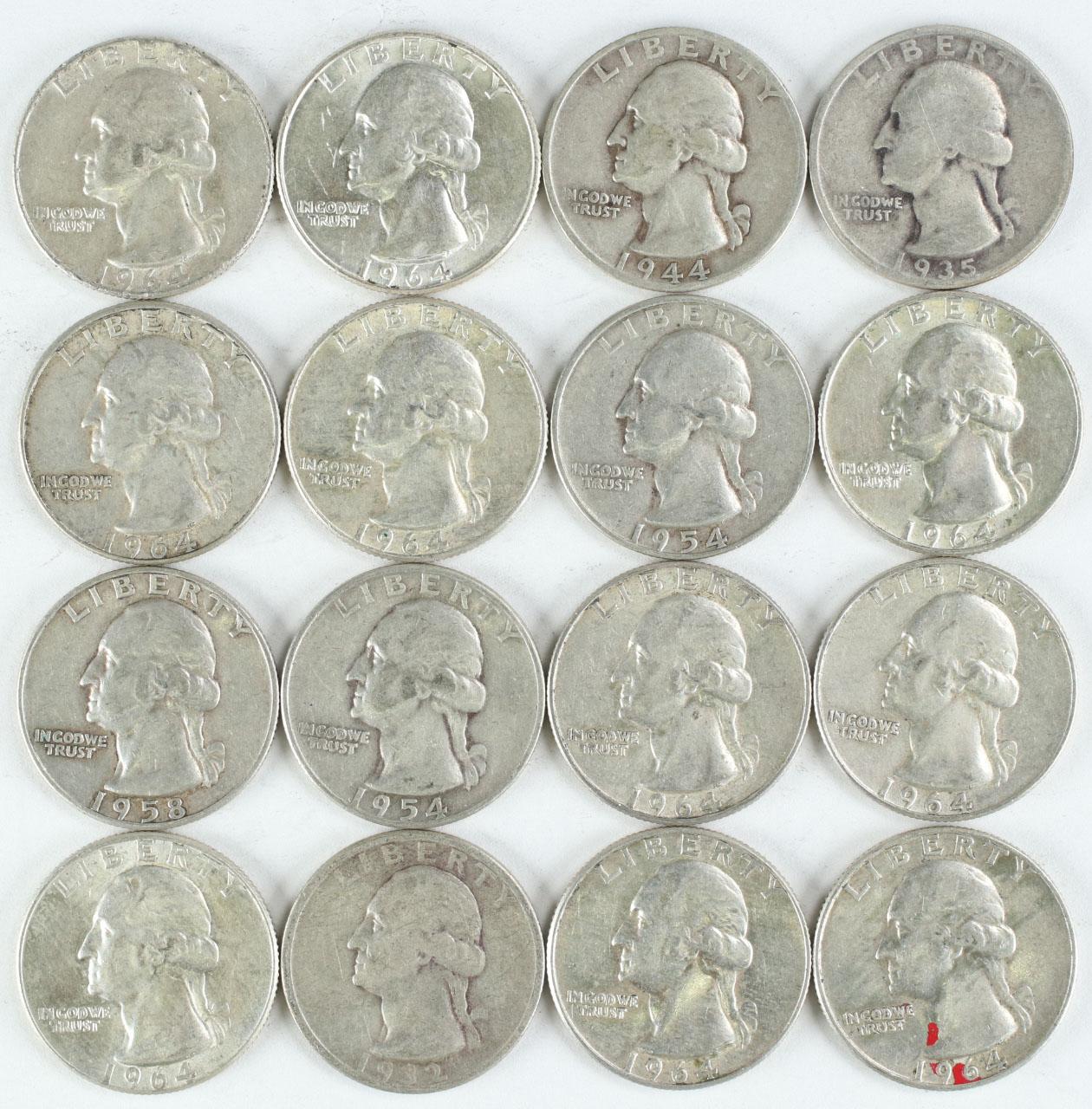 16 Washington Silver Quarters, various dates/mints