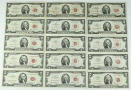 15 - 1963 $2 Red Seal Notes; 6-1963, 9-1963A