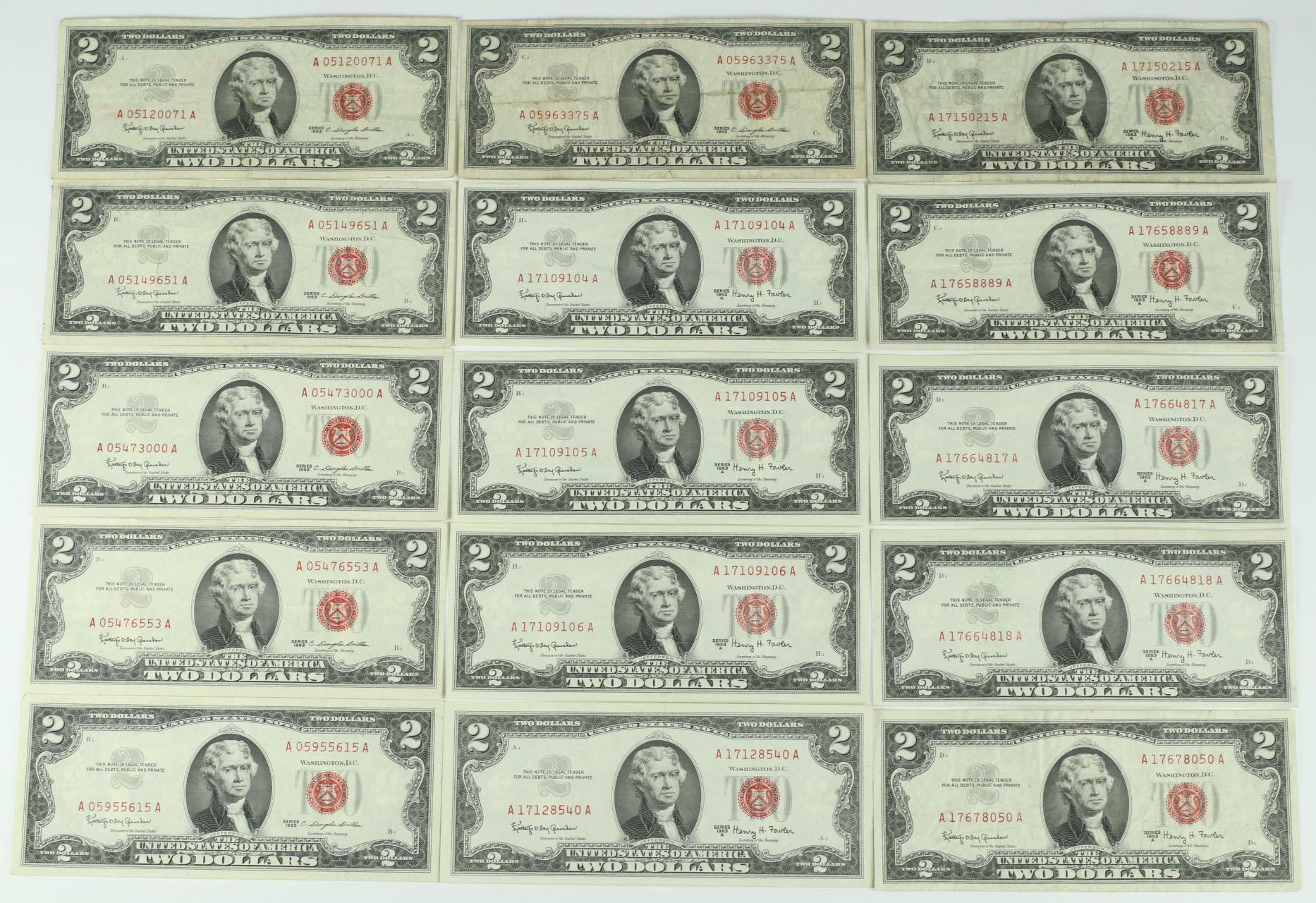 15 - 1963 $2 Red Seal Notes; 6-1963, 9-1963A