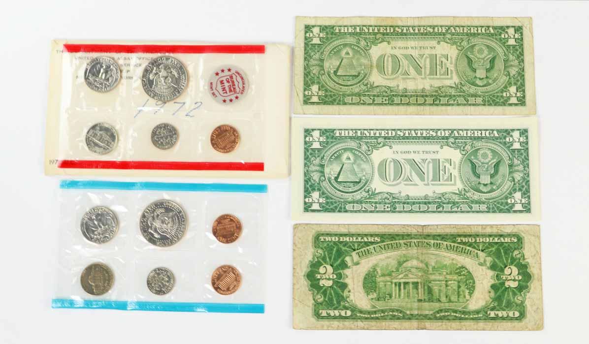 1972 UC Mint Set, 1957 $1 Blue Seal, 1963-B $1 Barr Note,1953 $2 Red Seal