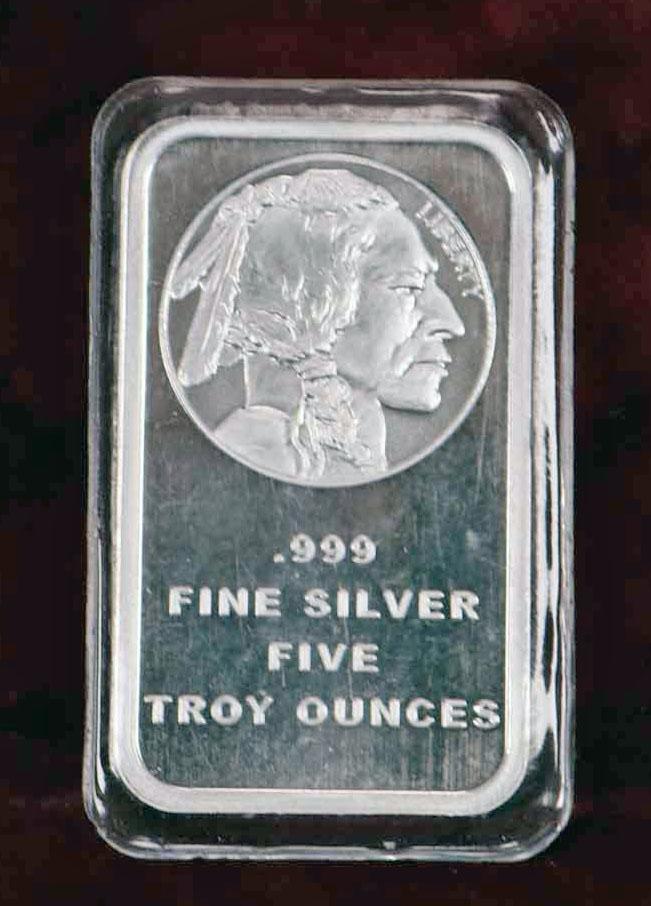 Five Ounces Silver Bullion "Indian Head"