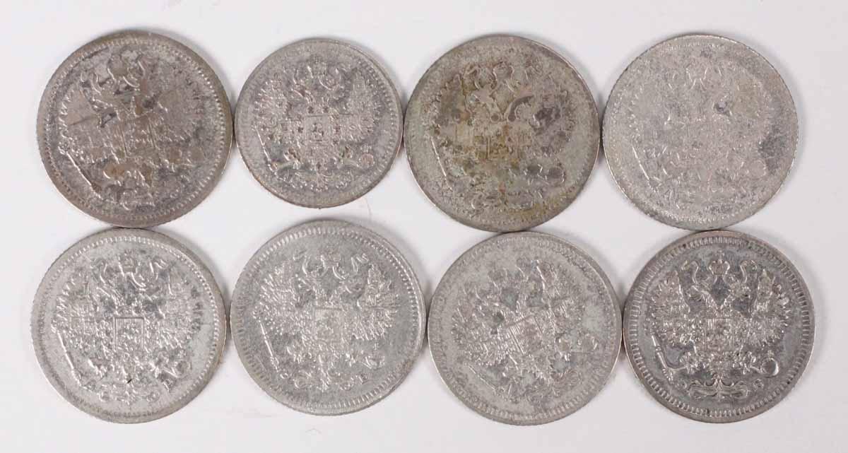 1902 Silver Russia  5 Kopek + 7 Silver Russia 10 Kopeks various dates