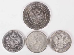 4 Silver Russia 50 Kopeks; 1902,1911,1912,1913