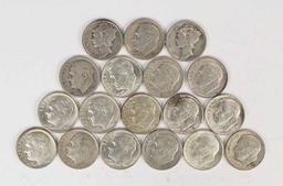 2 Mercury Silver Dimes & 16 Roosevelt Silver Dimes, various dates/mints