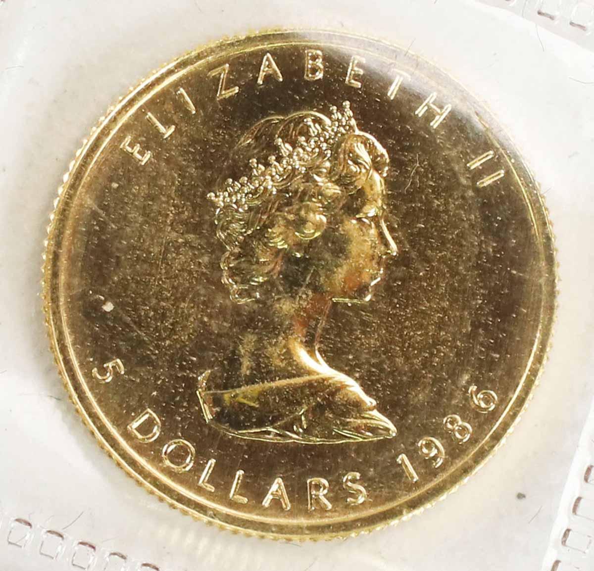 1986 Canada 1/10 oz .999 Gold Maple Leaf/Elizabeth II $5 Coin
