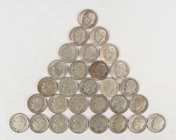 29 Roosevelt Silver Dimes, 3-1940's, 26-1950's, various mints