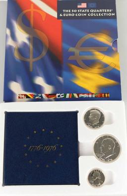 1776 US Bicentennial Silver Proof 3pc Set + 50 State Quarters & Euro Coin Collection