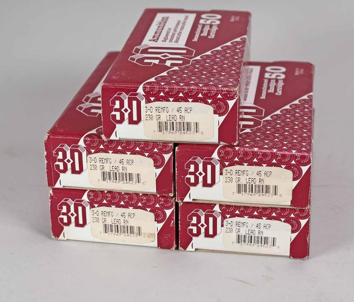 3-D .45 ACP REMFG .230 Gr. Lead Rn. Ammo, 250 Rds