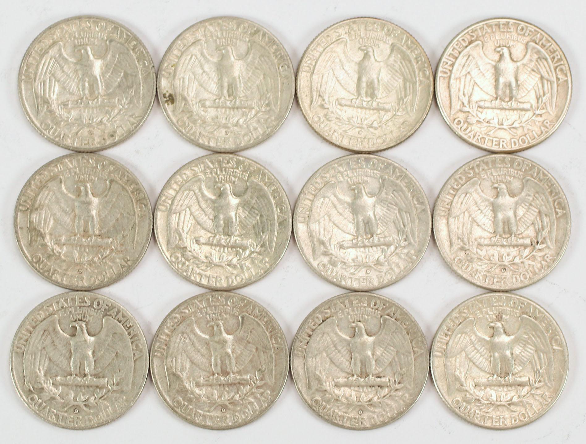 12 Washington Silver Quarters, various dates/mints