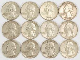 12 Washington Silver Quarters, various dates/mints