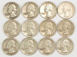 12 Washington Silver Quarters, various dates/mints