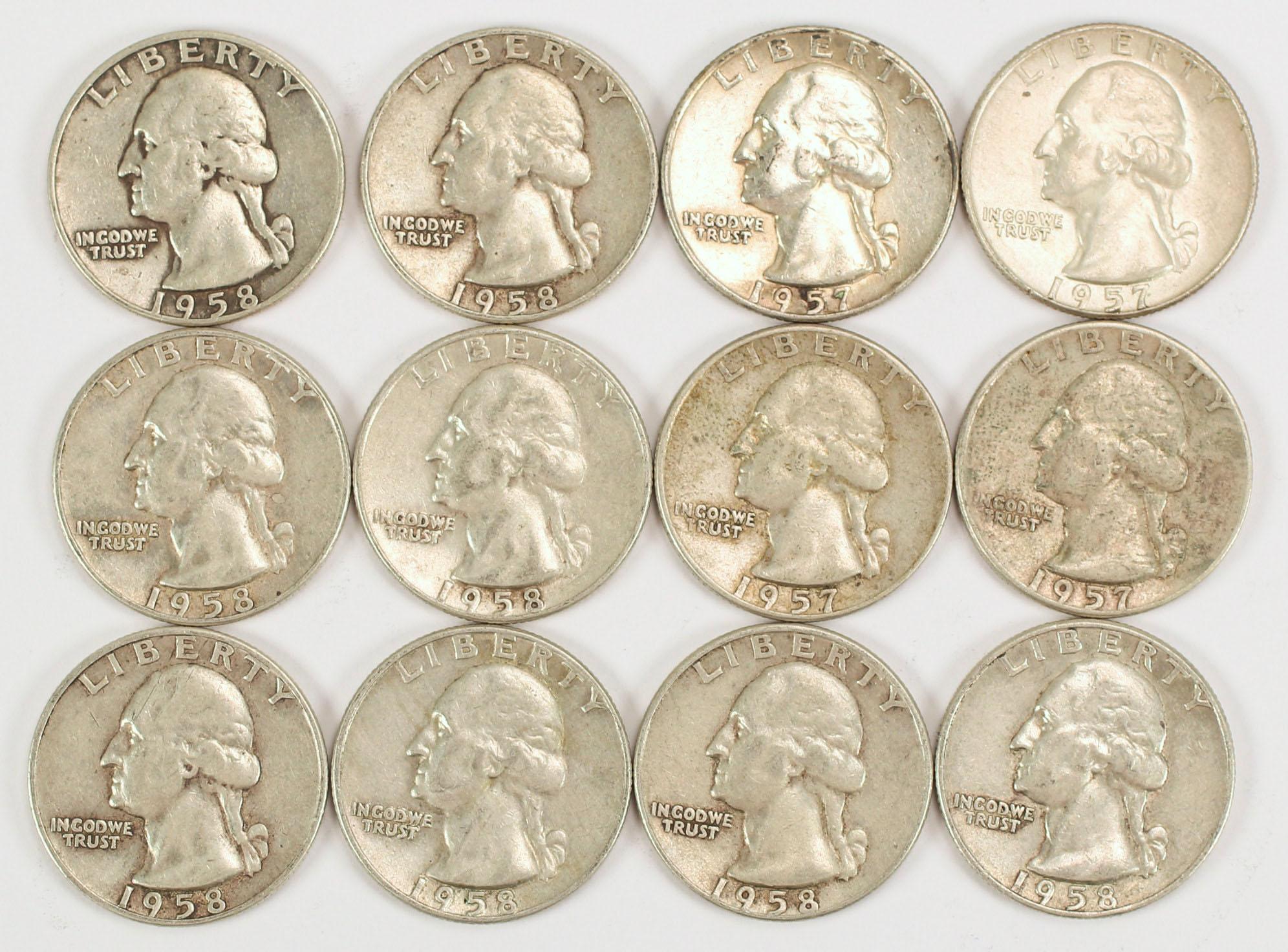 12 Washington Silver Quarters, various dates/mints