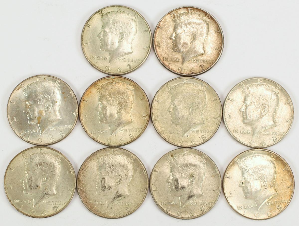 10 - 40% Silver Kennedy Half Dollars, 2-1967,3-1968,5-1969