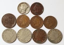 1936 Mercury Dime, 1923 Buffalo/Indian Head Nickel, 1906/1907 Indian Head Penny &