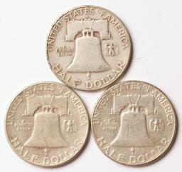 3 Franklin Silver Half Dollars, 1953-S,1955-P,1963-P