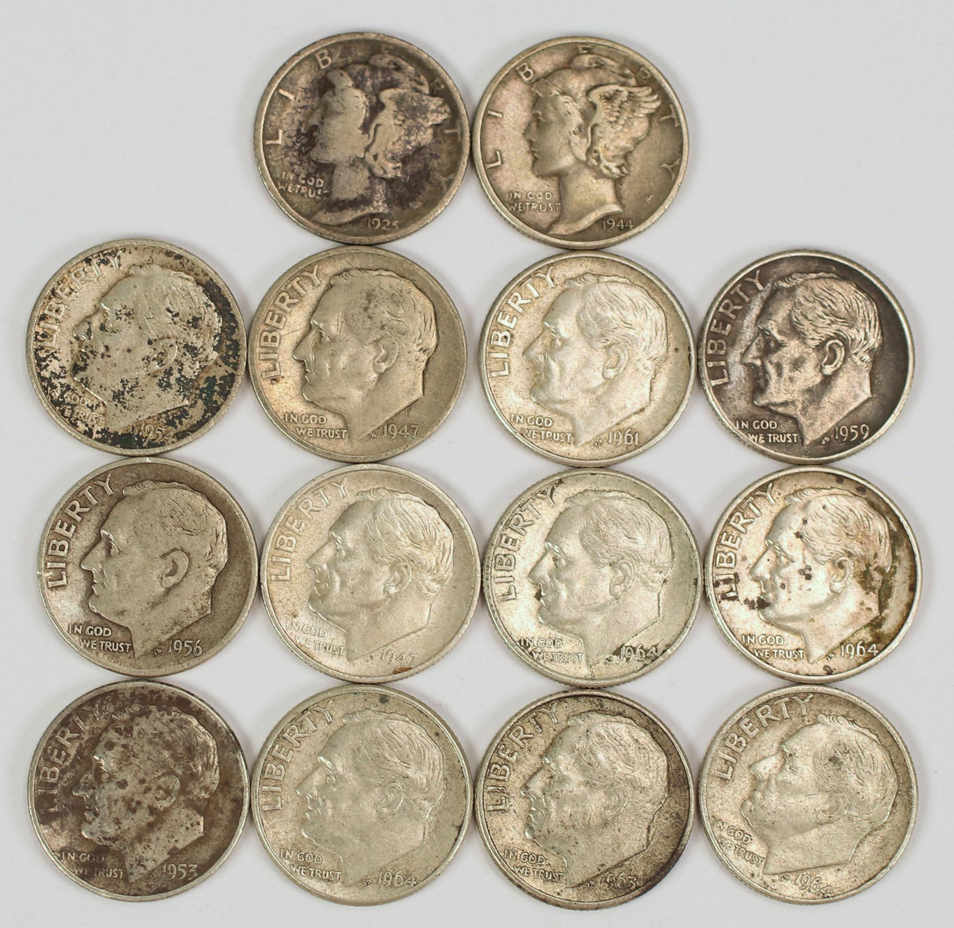 2 Mercury Silver Dimes & 12 Roosevelt Silver Dimes, various dates/mints