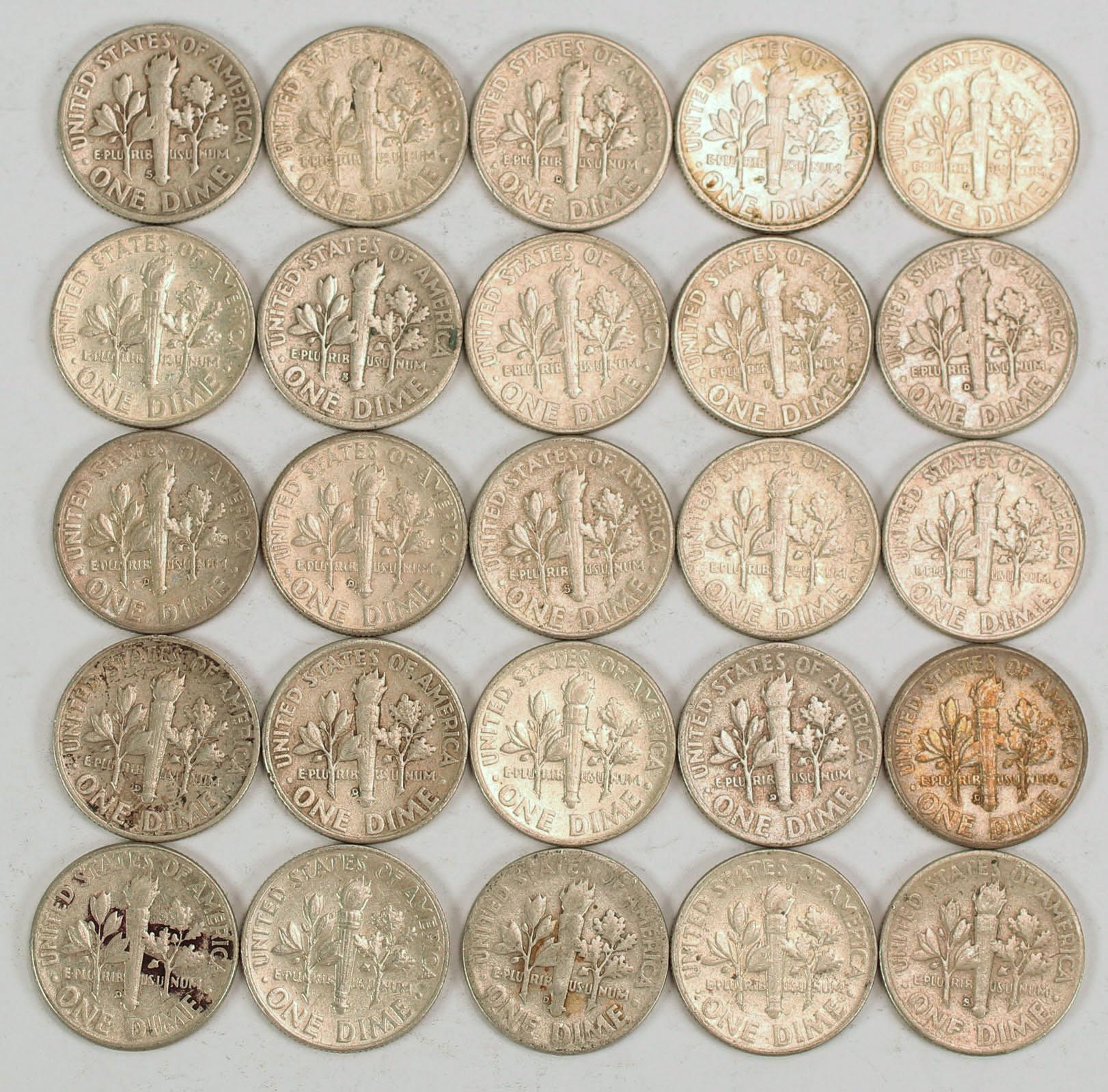 25 Roosevelt Silver Dimes, various dates/mints