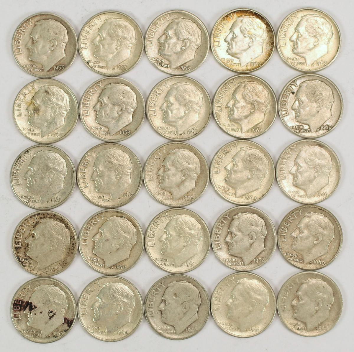 25 Roosevelt Silver Dimes, various dates/mints