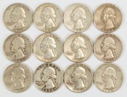 12 Washington Silver Quarters, various dates/mints