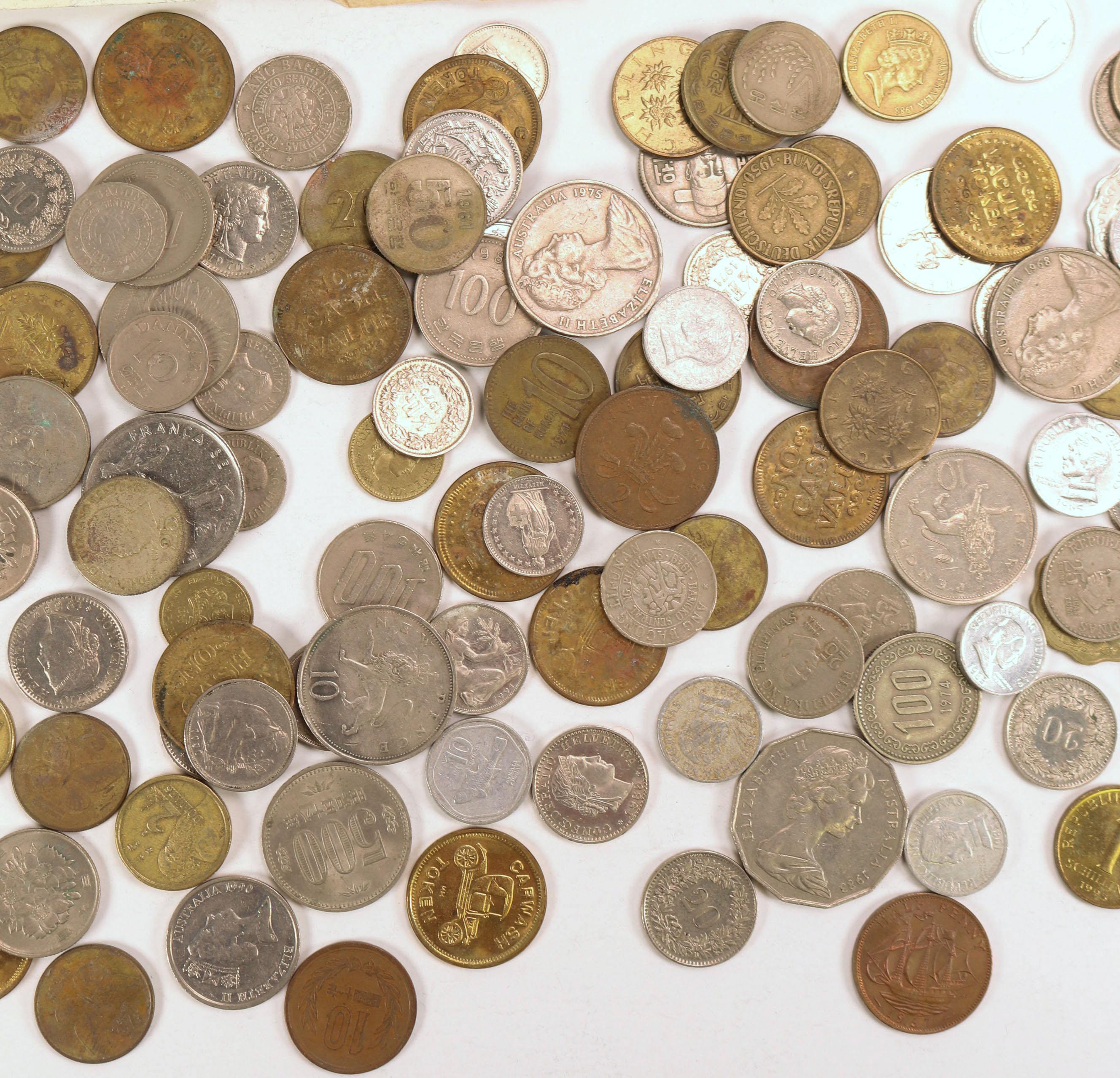 Large Bag of Foreign Notes & Coins & Tokens