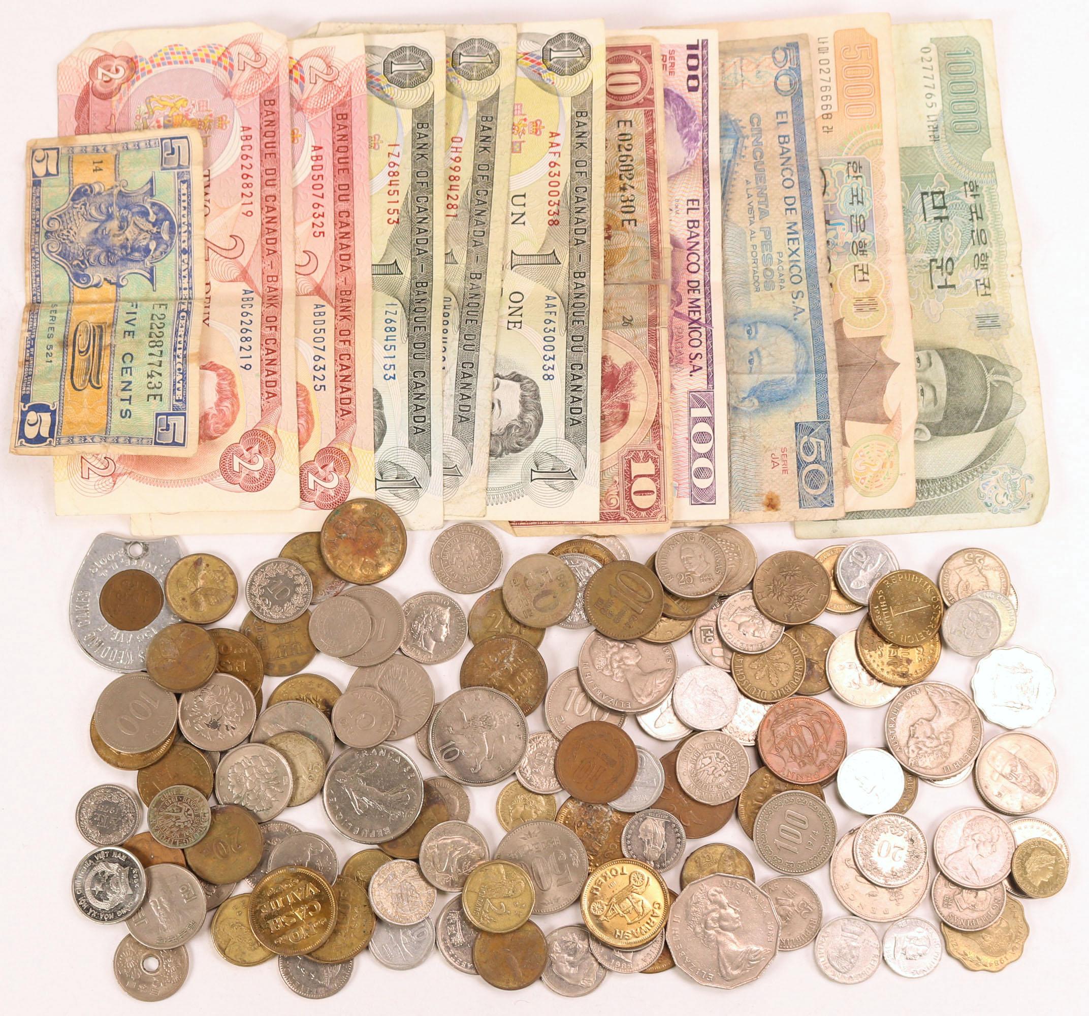 Large Bag of Foreign Notes & Coins & Tokens