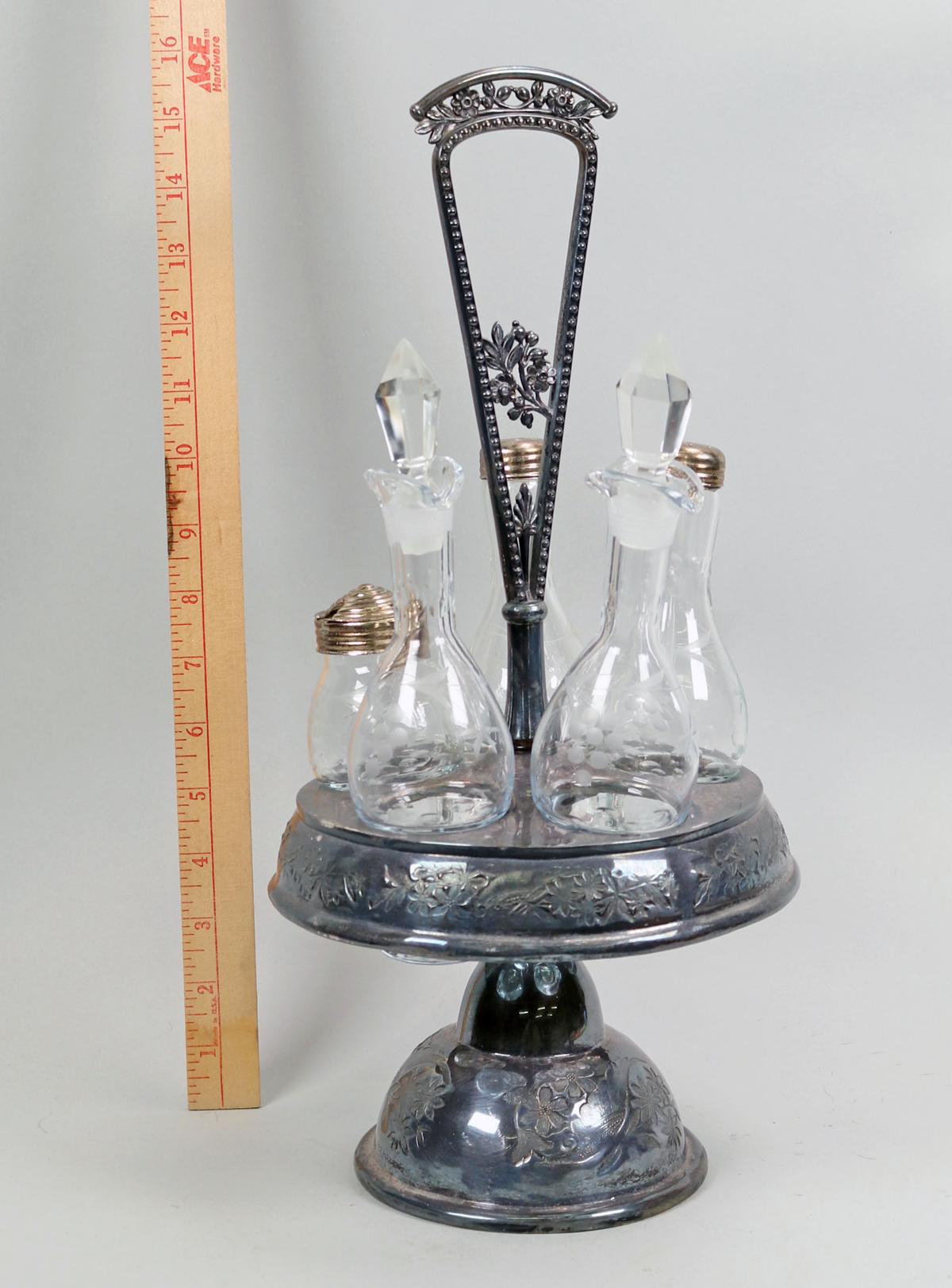 Antique Cruet Set w/ Etched Glass Containers