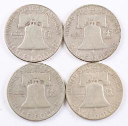 4 Franklin Half Dollars; 1953-P,1953-D,1954-P,1954-S