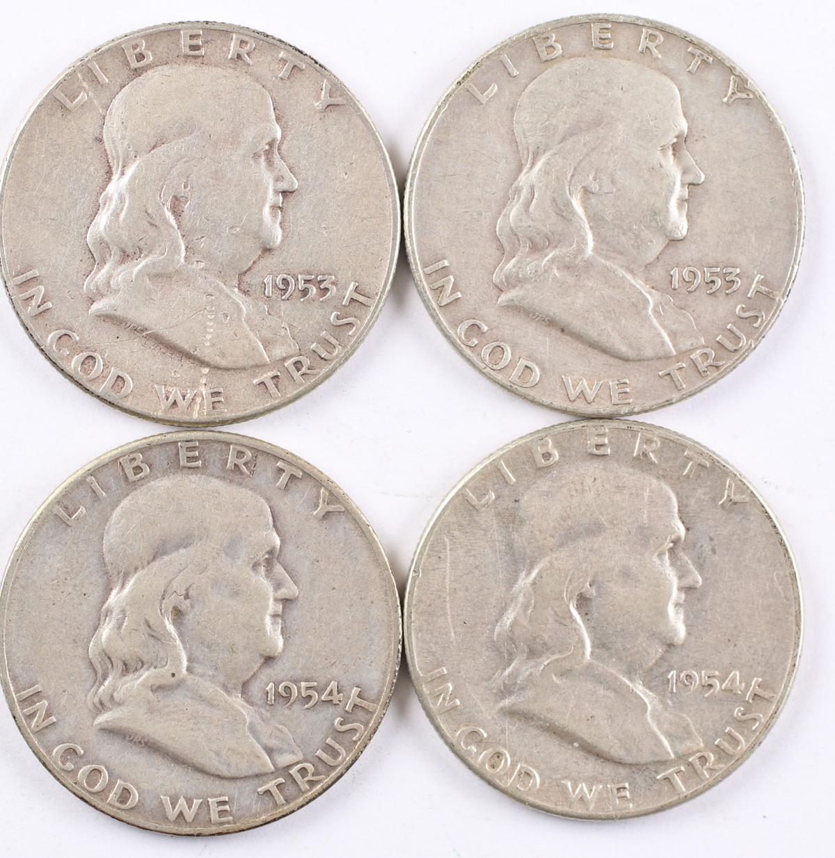 4 Franklin Half Dollars; 1953-P,1953-D,1954-P,1954-S