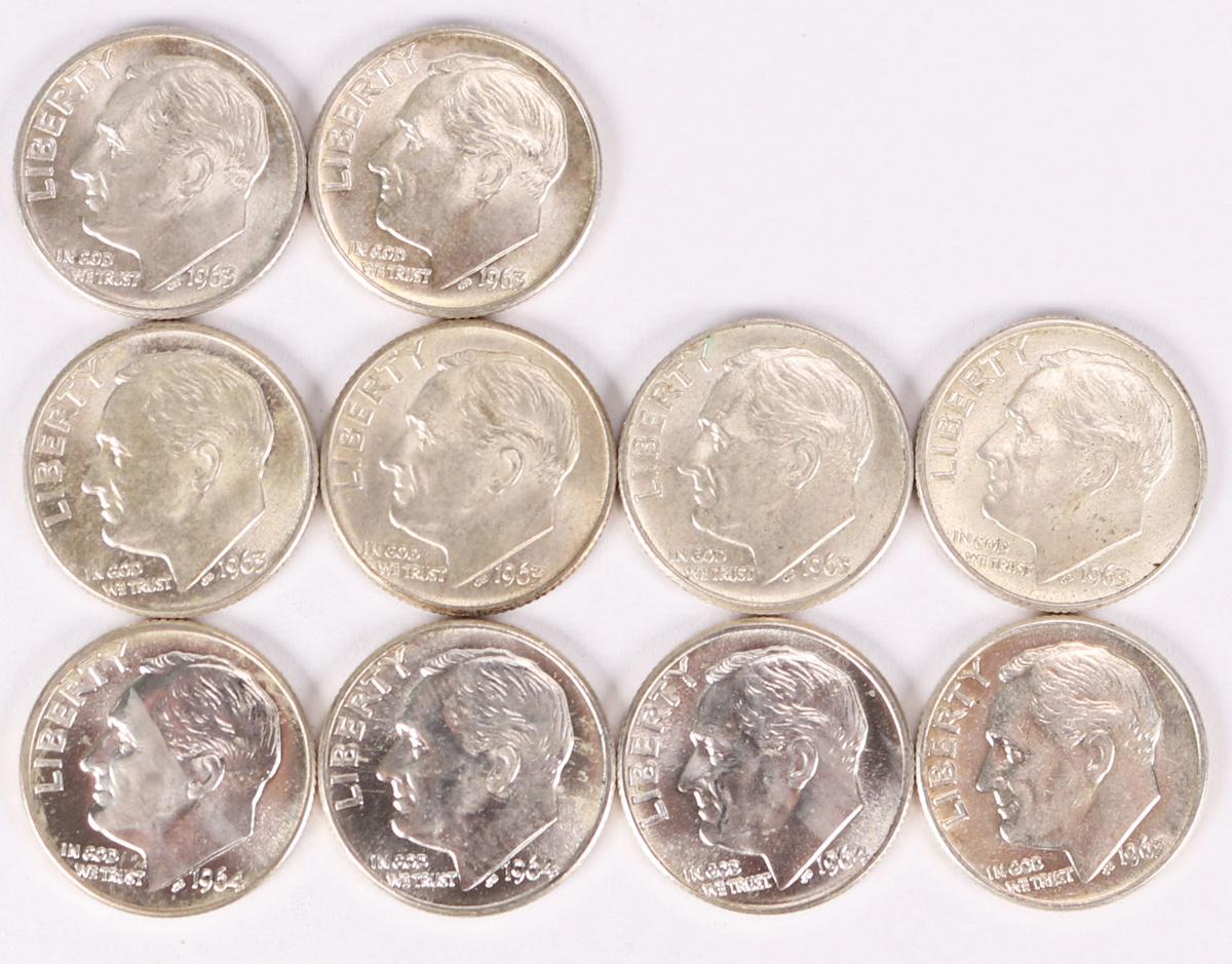 10 Roosevelt Silver Dimes; 7-1963-D & 3-1964-D