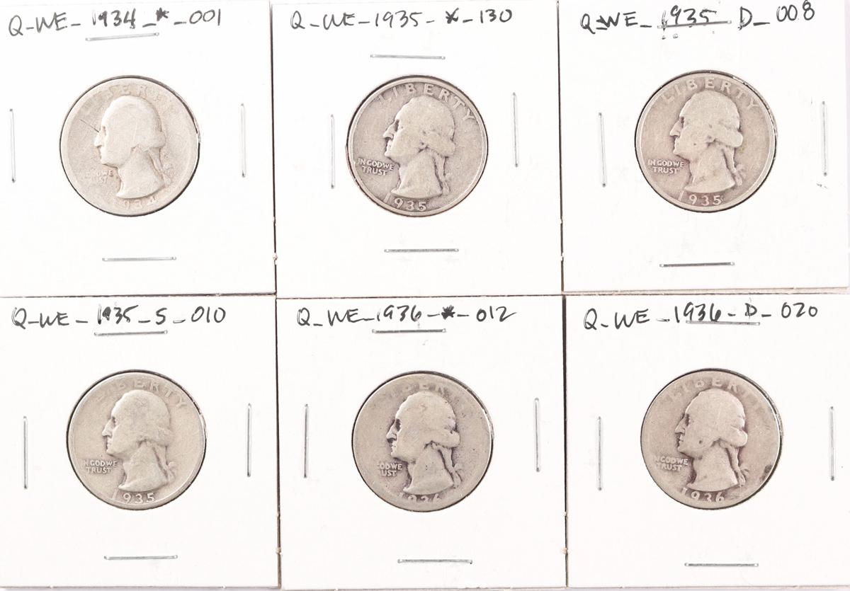 6 Washington Silver Quarters; 1934P,1935P,1935D,1935S,1936P,1936D