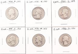 6 Washington Silver Quarters; 1934P,1935P,1935D,1935S,1936P,1936D