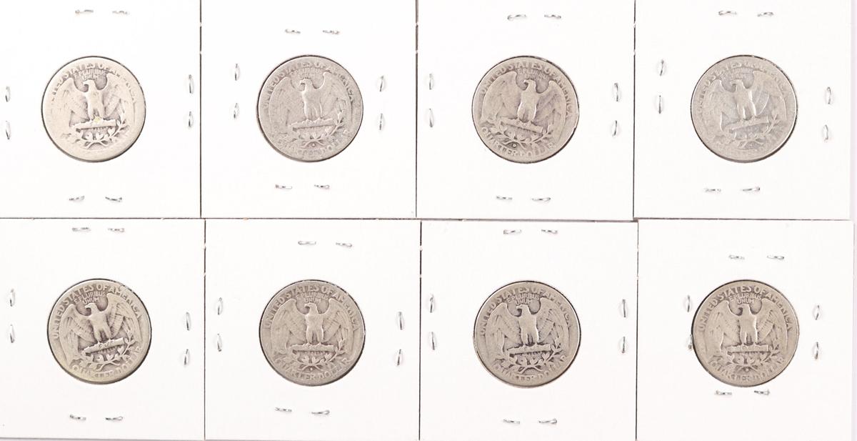 8 Washington Silver Quarters; 1936P,1936S,1937D,1937S,1938P,1938S,1939P,1939D