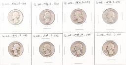 8 Washington Silver Quarters; 1936P,1936S,1937D,1937S,1938P,1938S,1939P,1939D