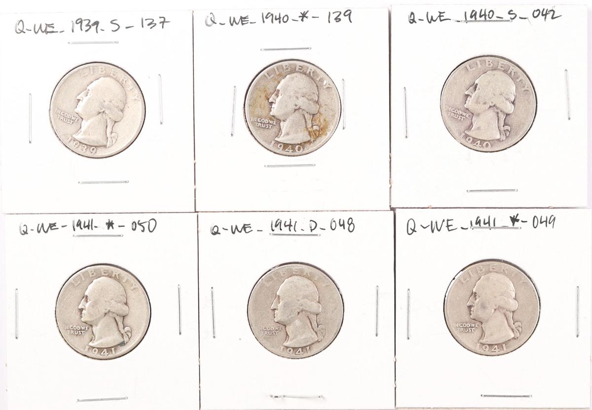 6 Washington Silver Quarters; 1939S,1940P,1940S,1941P,1941D,1941P