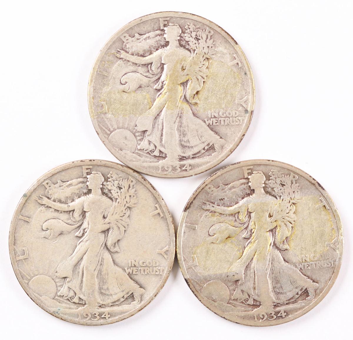 3 Walking Liberty Silver Half Dollars; 1934,1934-S,1934-D