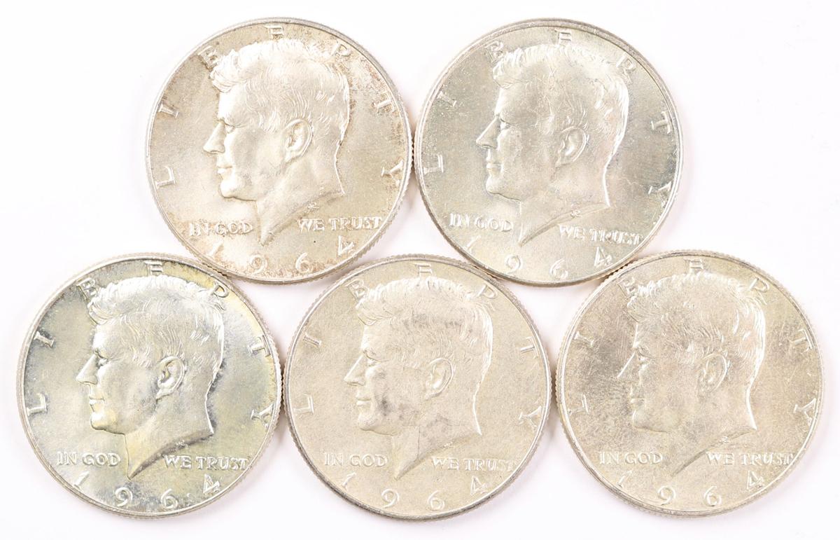 5 1964-P Kennedy Silver Half Dollars (90%)