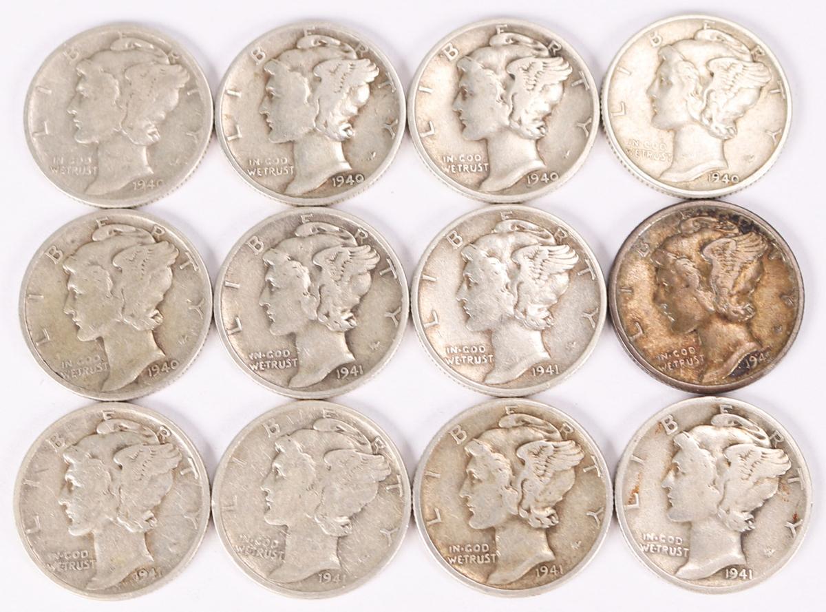 12 Mercury Silver Dimes; 5-1940-D, 5-1941-P & 2-1941-D