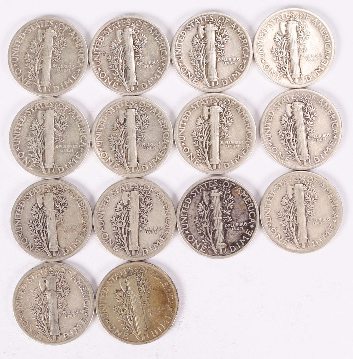 14 Mercury Silver Dimes; 7-1941-P & 7-1942-P