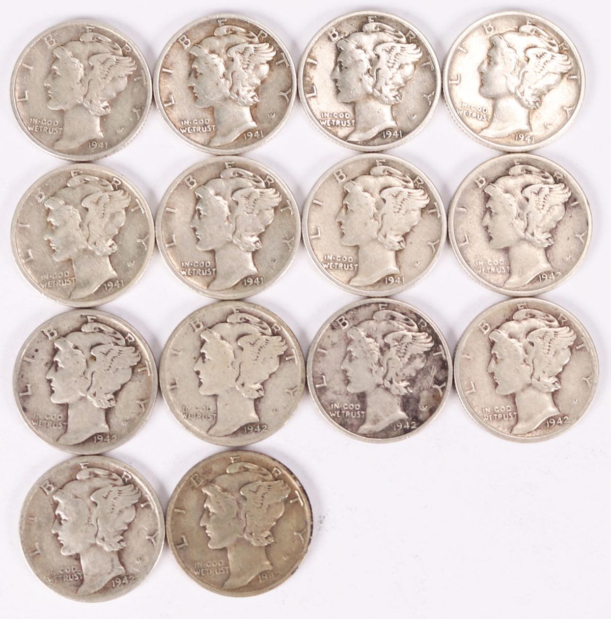 14 Mercury Silver Dimes; 7-1941-P & 7-1942-P